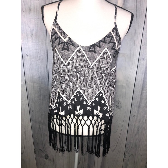 Astr Tops - ASTR Fringe Boho Tank Top Aztec Print Racer Back Bohemian Festival Sz L